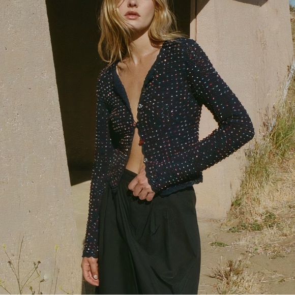 NWOT DÔEN Knit Cotton Navy Hand-Beaded Monterey Cardigan - Picture 3 of 8